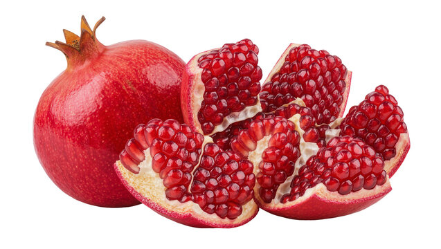 Whole red pomegranate and its juicy arils, isolated on transparent background