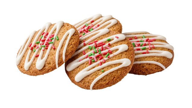 Round golden cookies with white icing drizzle and colorful sprinkles, isolated on transparent background