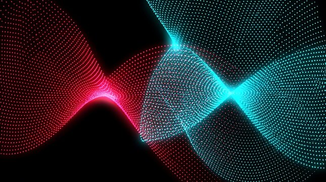 Glowing red and cyan dot wave pattern creating moire texture in 3d render