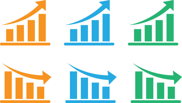 Set of bar chart icons with upward and downward trend arrows in orange blue and green colors