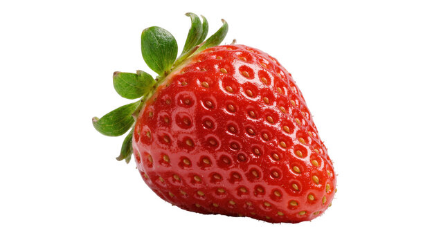 Ripe red strawberry with green leaves, isolated on transparent background