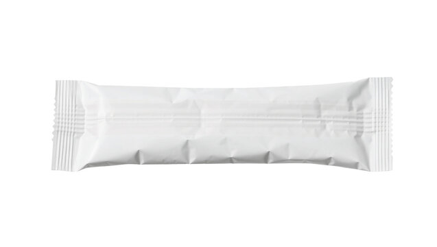 Blank white rectangular snack bar wrapper with crimped edges, isolated on transparent background