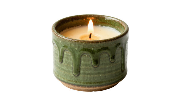 Burning scented candle in a green ceramic pot with dripping glaze, isolated on transparent background