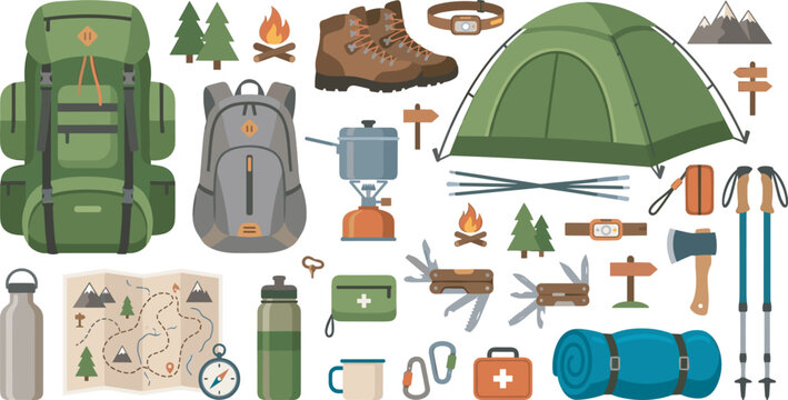 Camping vector element set with tent backpack boots map campfire compass axe and outdoor mountain hiking adventure travel equipment icons