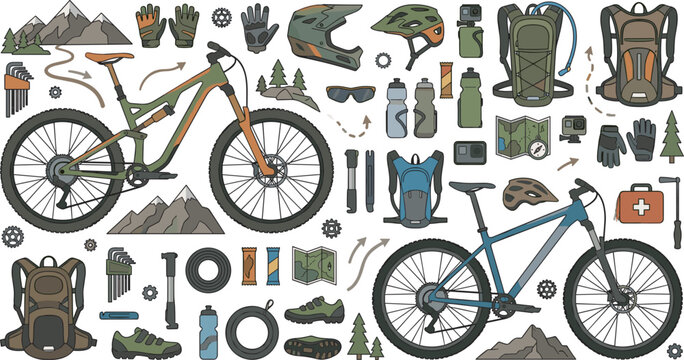 Mountain biking vector element set with bicycles backpacks helmets maps tools gloves and outdoor extreme trail riding adventure equipment icons