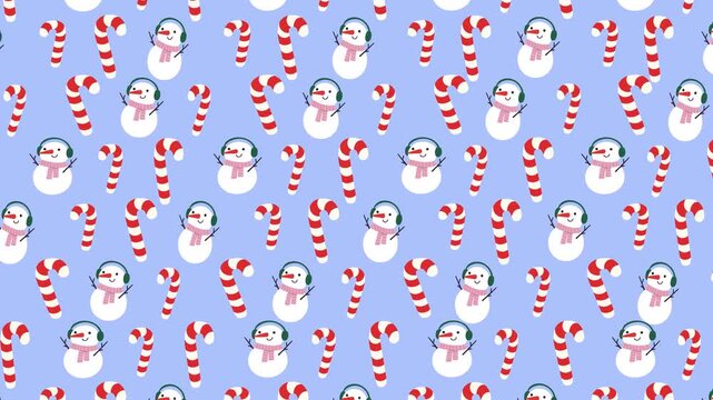 Christmas seamless pattern background with snowman and candy cane rising motion loop