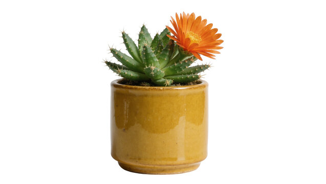 Green succulent plant with orange flower in a yellow ceramic pot, isolated on transparent background