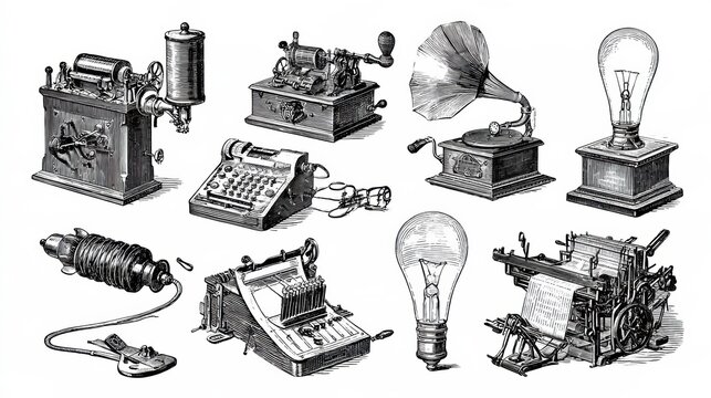 Collection of hand drawn sketches showing Victorian inventions like the telegraph machine, phonograph, and electric light bulb in a workshop.