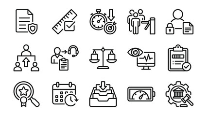 Obraz premium Business Icon Set: A comprehensive collection of linear icons representing various business concepts such as security, productivity, teamwork, legal, and management, designed for professional use.