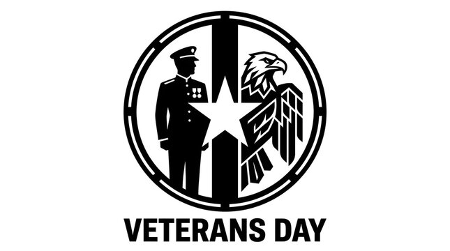 Veterans day logo design with a uniformed soldier silhouette and a bald eagle portrait armed forces us army