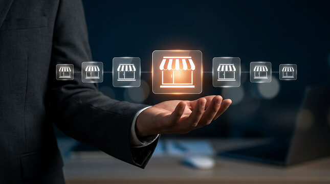 Businessman holding digital storefront icon representing franchise business