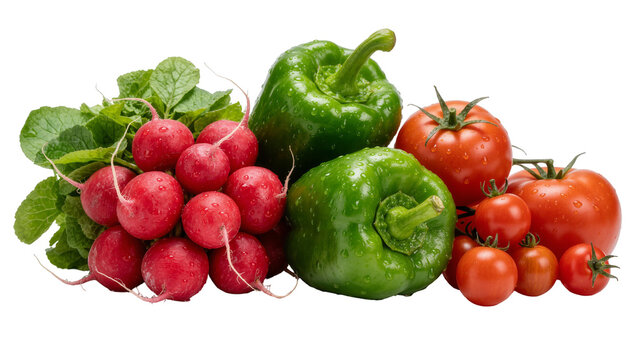 Fresh red radishes green bell peppers and ripe tomatoes with water droplets, isolated on transparent background
