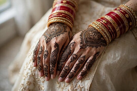 Bride hands with intricate dark henna mehndi designs and red gold bangles