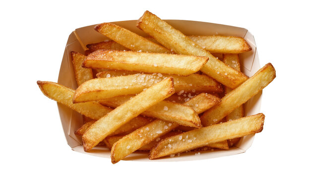 Golden french fries with coarse salt served in a paper carton, isolated on transparent background
