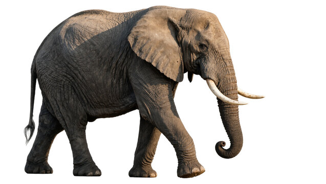 Majestic African elephant with large tusks walking, isolated on transparent background
