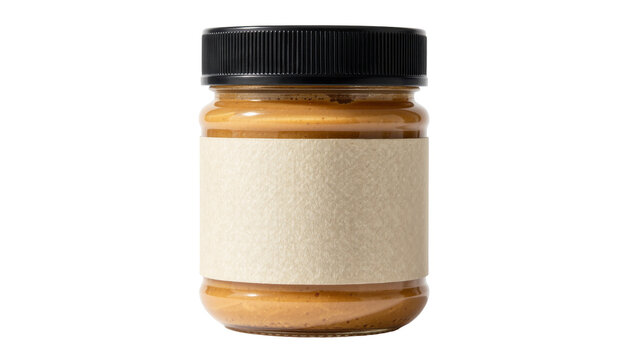 Glass jar of creamy peanut butter with blank label, isolated on transparent background