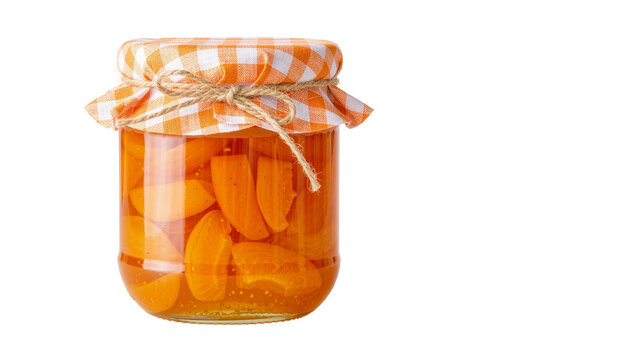 Glass jar filled with sliced orange apricots preserved in syrup, isolated on transparent background