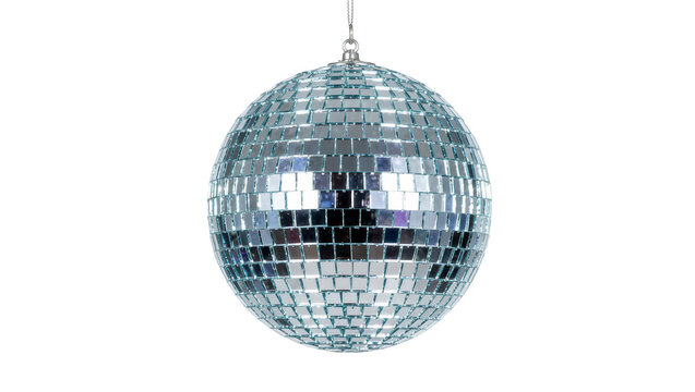 Sparkling mirrored disco ball reflecting light, isolated on transparent background