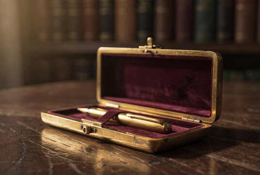 Elegant Gold Pen and Case on a Wooden Desk in a Library
