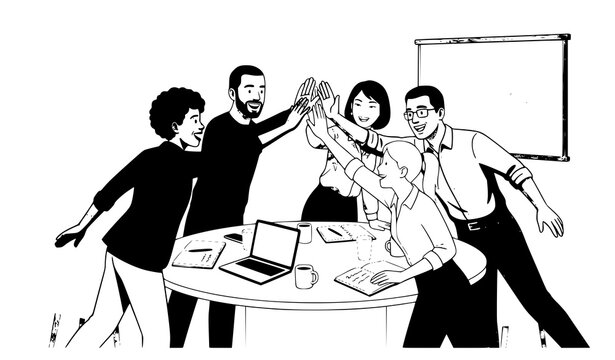 Diverse Office Employees Celebrating Team Success with Group High Five Vector