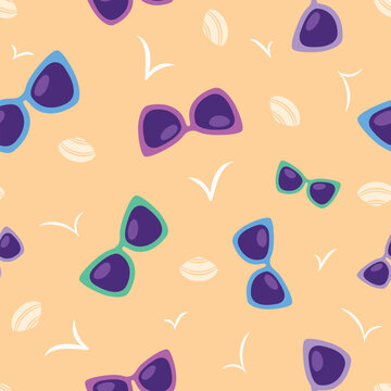 Beach Sunglasses Pattern with Colorful Shades, Cream Shells and White Seagulls