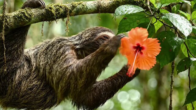 Sloth Reaching For Orange Hibiscus Flower In Tropical Rainforest - A three-toed sloth hangs upside down from a moss-covered branch in a lush, green rainforest.