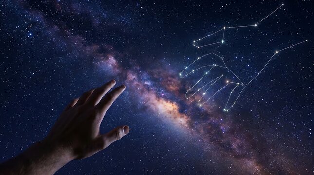 Human hand reaching toward glowing hand constellation in dark space, fate and magic concept