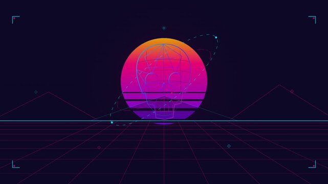 Retro futuristic synthwave animation featuring a wireframe skull shape rotating in front of a glowing digital sun over a neon grid landscape
