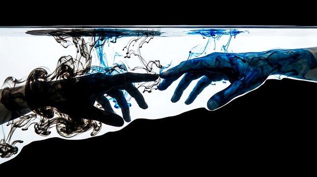 Two hands reaching to touch made of swirling blue and black ink in water, creative connection