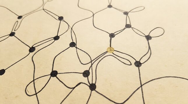 Abstract network line drawing with connected black lines and gold node on paper background