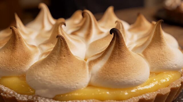 Torched Peaks Of Lemon Meringue Pie Close Up - A close-up view of a delicious lemon meringue pie with peaks of golden-brown torched meringue.