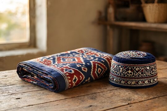sindhi ajrak and cap on wooden table 
