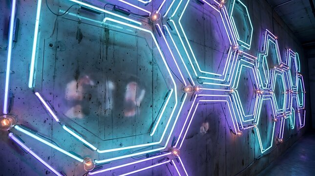 Purple and blue neon light tubes forming hexagon pattern on concrete wall, modern art installation