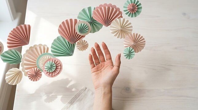 Delicate pastel paper fans floating above woman hand on white wooden table, minimal craft