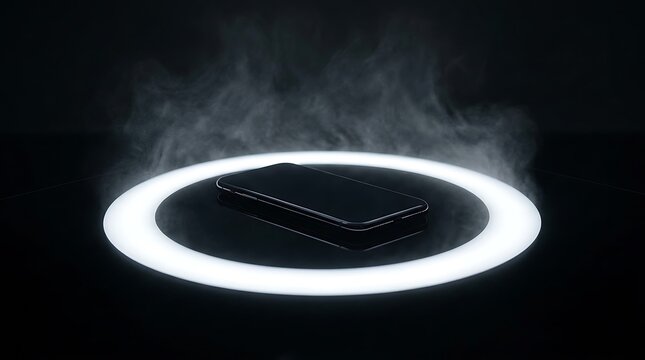 Smartphone inside glowing circular light ring surrounded by mystical fog on dark background
