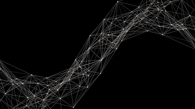 Abstract digital network wave with glowing white nodes and geometric lines on black background