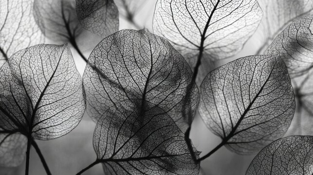 Dry petal nature pattern with transparent leaf texture, monochrome botanical background, skeleton flower macro detail for wallpaper and creative design