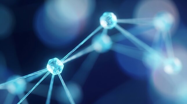 Glowing molecular structure with blue nodes and connecting lines, scientific research concept