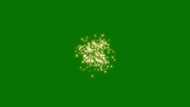 4k gold starburst transition and glittering animation on green backdrop, seamless sparkling magic particle trail, flat 2d starlight flash and shiny dust flow loop effect