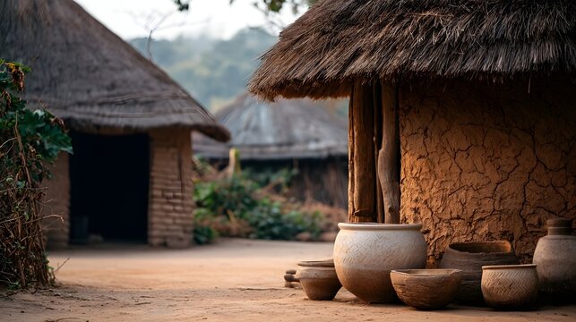 Traditional thatched roof huts with clay walls and handcrafted clay pots arranged near the entrance in a rural village setting