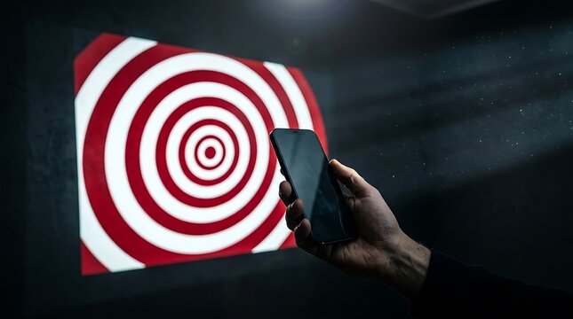 Hand holding smartphone in front of red and white target projection, business goal concept
