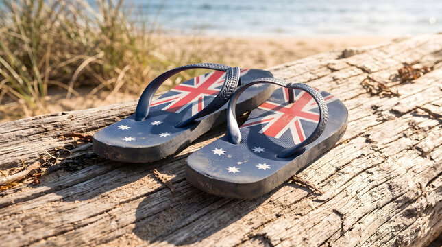 Australia day flip flops on a weathered log at the beach, patriotic thongs for celebrating summer holiday