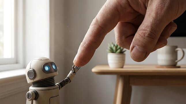 Tiny futuristic robot touching finger of giant human hand in bright indoor natural light