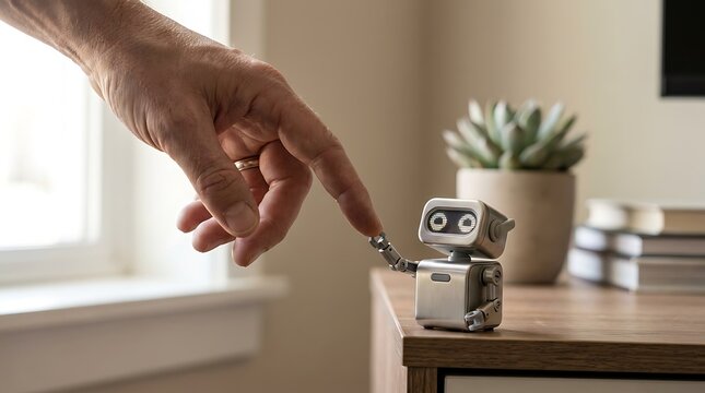 Human hand touching small metallic robot finger in bright daytime home, friendly technology