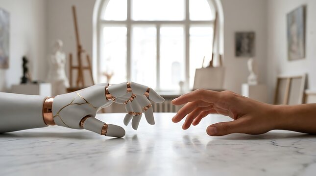 Robotic hand and human hand reaching to touch each other in bright studio, collaboration