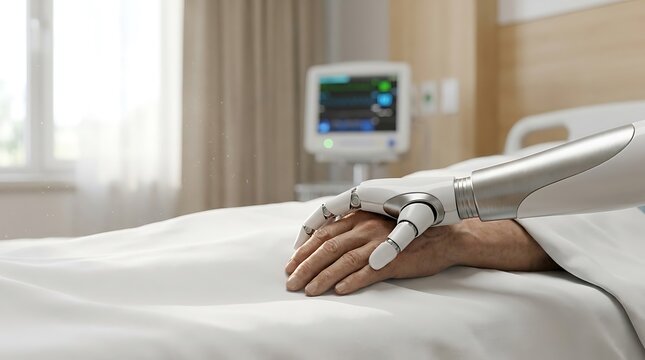 Advanced robotic prosthetic hand comforting elderly patient in sterile hospital room