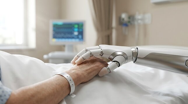 Robotic arm holding hands with elderly patient in hospital bed, compassionate technology care