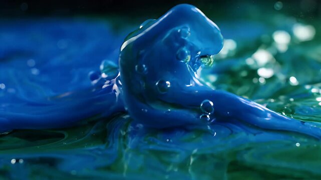 Blue Green Liquid Waves Macro Abstract - Abstract macro view of vibrant blue and green liquids flowing and swirling, creating organic wave-like patterns and small bubble formations.