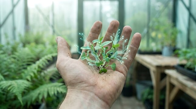 Digital circuit lines growing over green sprouts in open hand, agriculture technology concept