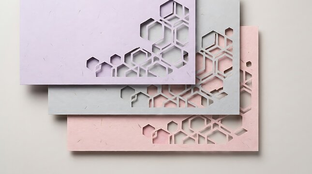 Pastel paper cutout panels with geometric honeycomb pattern in layered arrangement on white